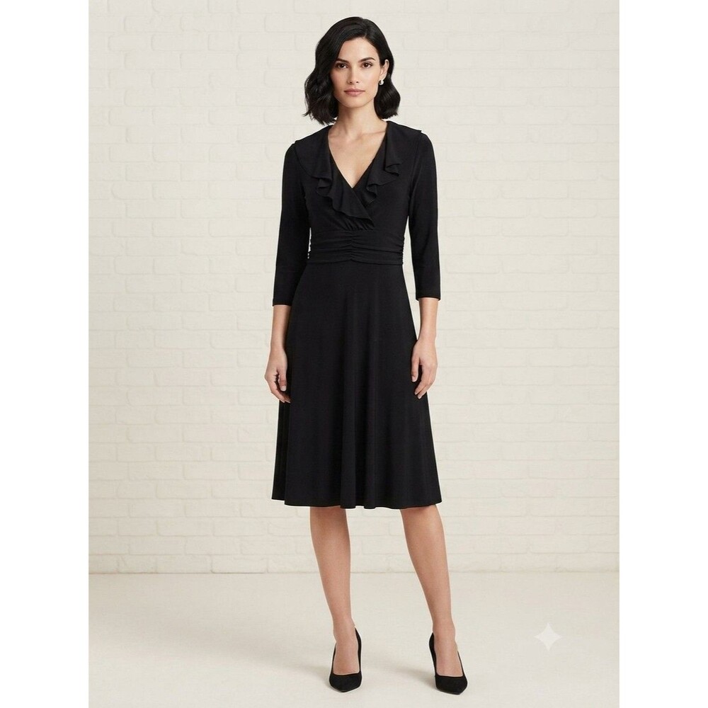 Evan Picone Little Black Dress With Ruffled V Neck And Ruched Waist